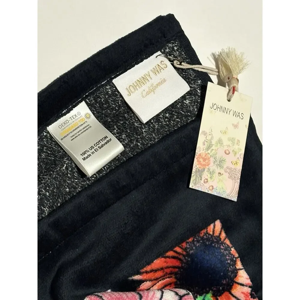 Johnny Was Evening Palace Beach Towel 40x70” Black Floral Flowers NWT